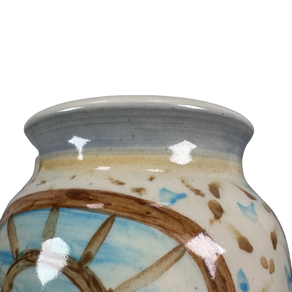 Liz‎ Lawrence Redware Pottery Vase 1992 Hand Painted Scenic Interior Landscape
